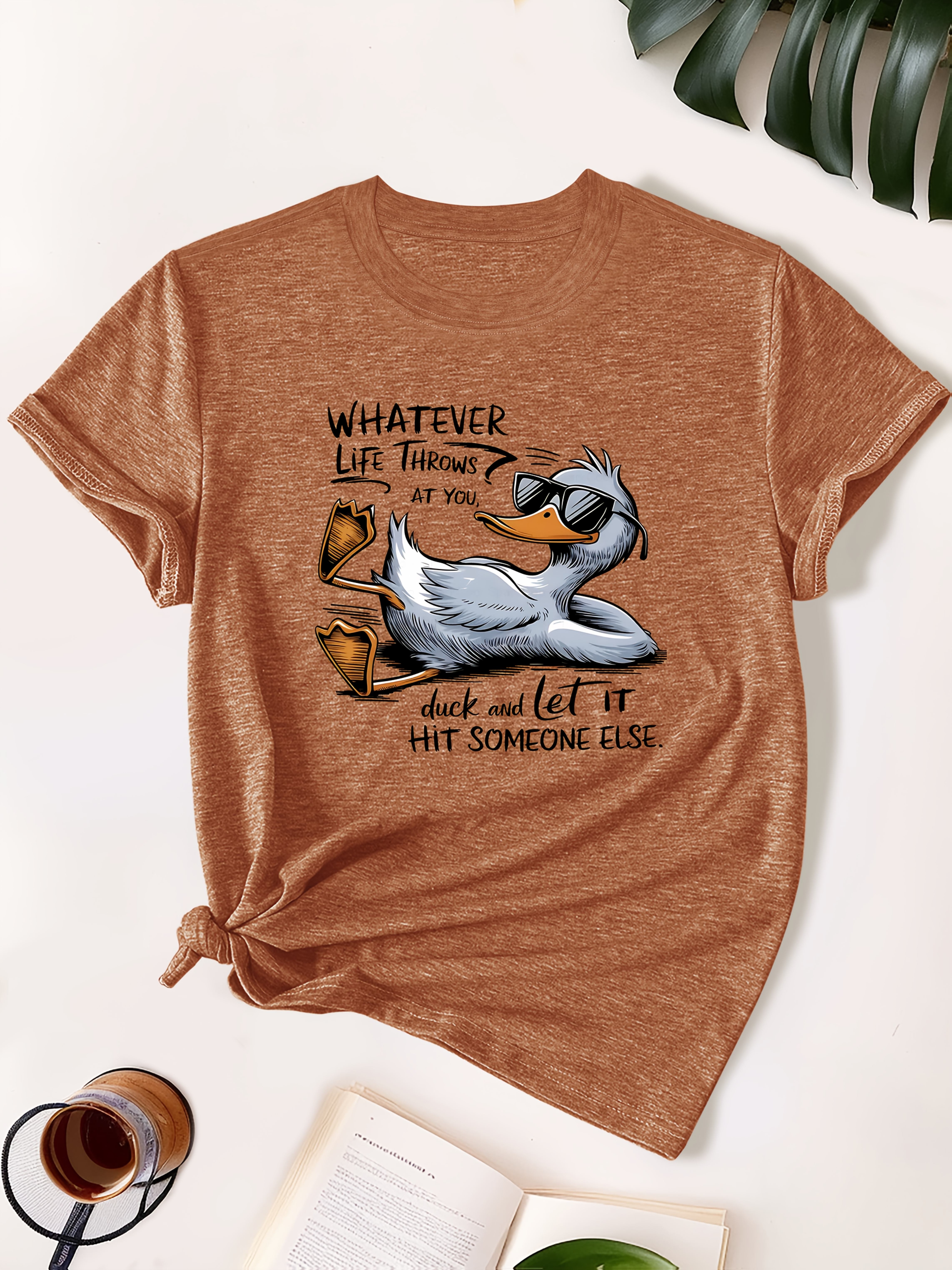 womens olive green casual t shirt with cute duck graphic humorous quote soft breathable fabric relaxed fit round neck short sleeve top for casual attire machine washable ladies t shirts Product details 17