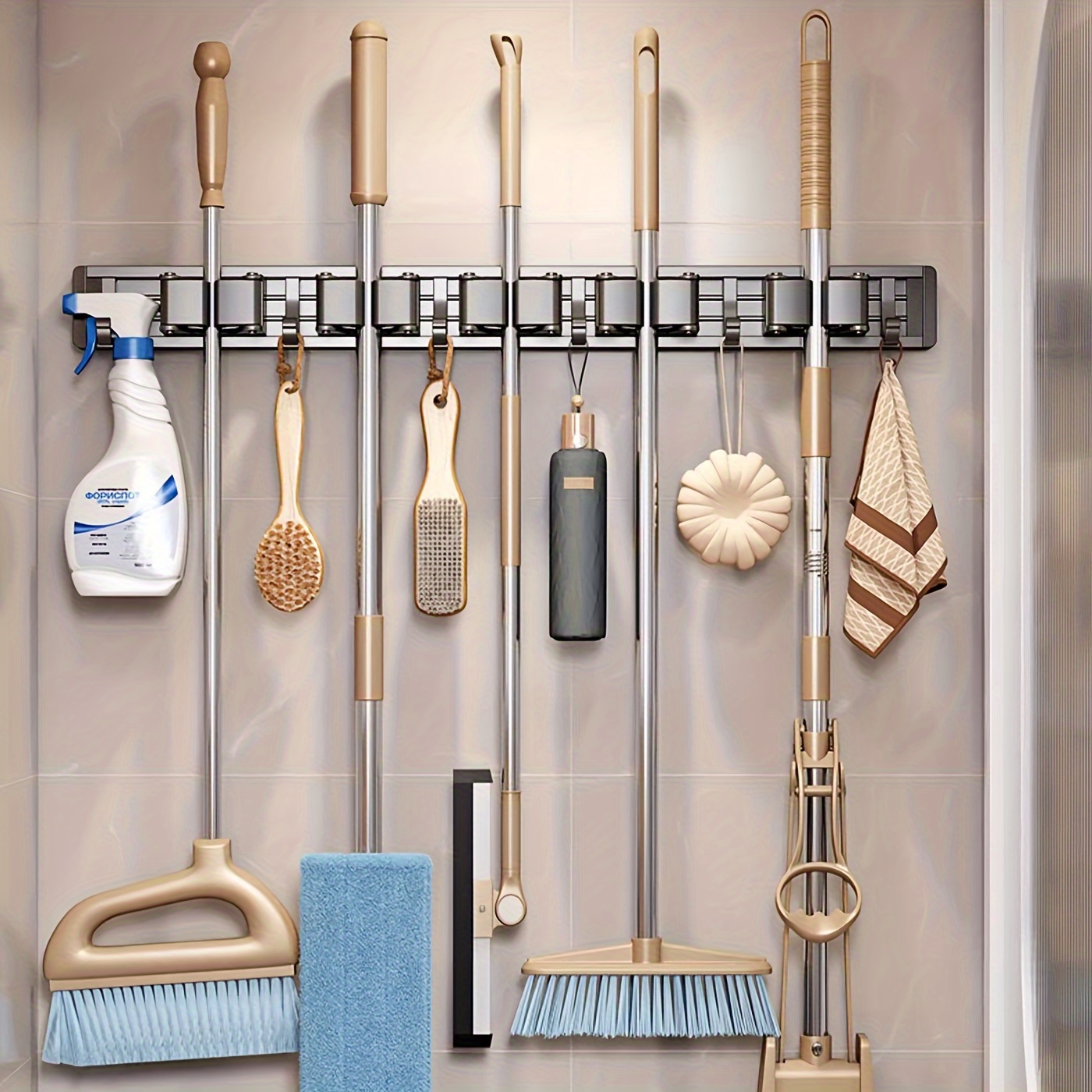 1pc Bathroom Storage Rack Metal Mop & Broom Holder with Adjustable Hooks, Wall-Mounted Storage Organizer for Home, Kitchen, Garden, Laundry, Garage - Lacquered Finish, Space-Saving Shelf for Mops, Brooms, Tools, Shelves