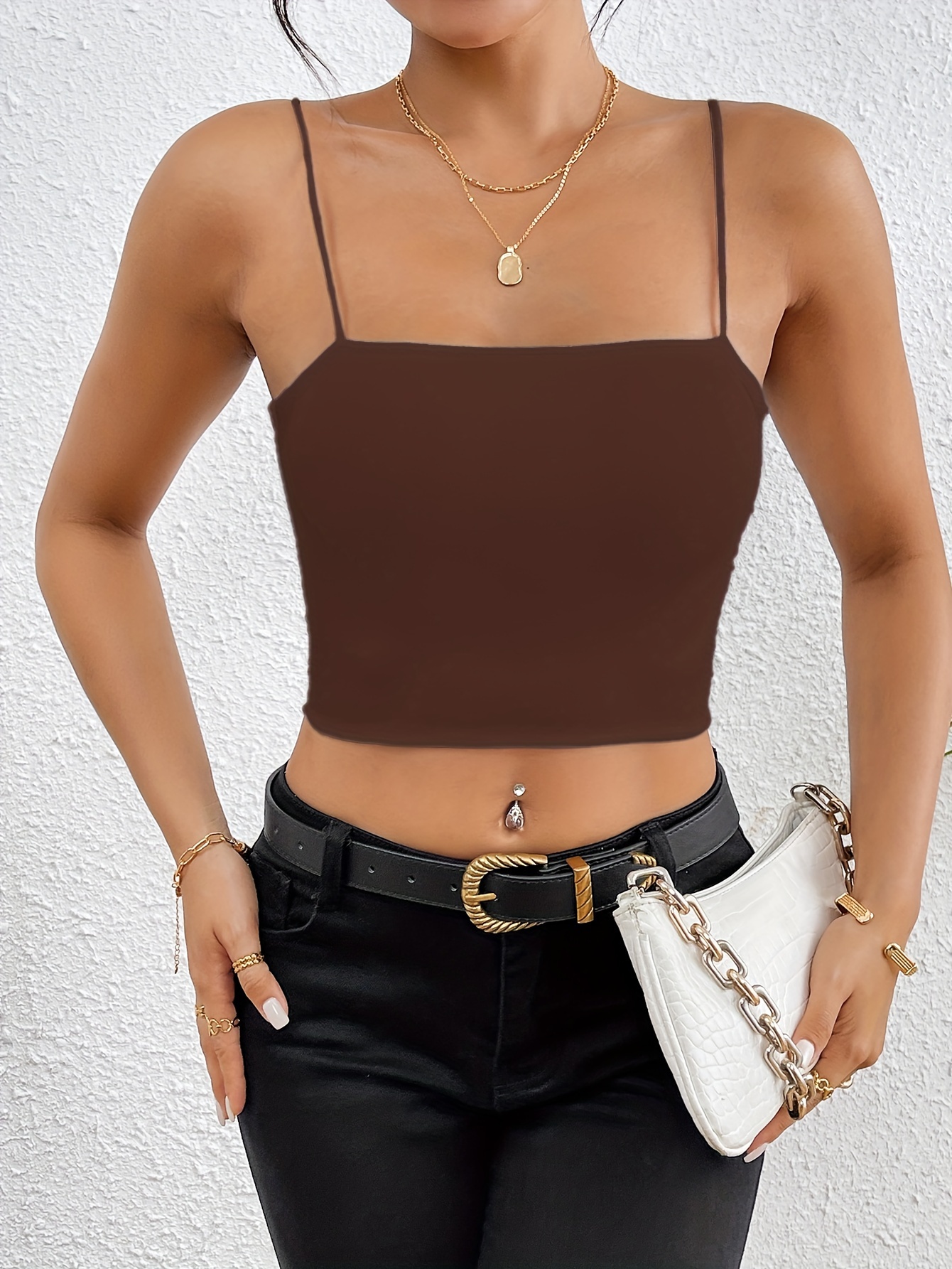 Solid Color Crop Cami Top, Versatile Spaghetti Strap Top For Summer, Women's Clothing