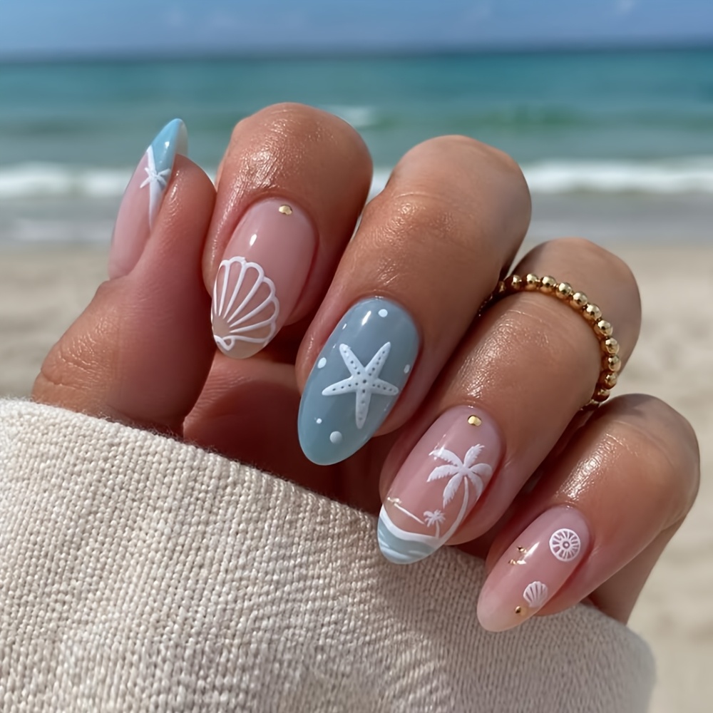 TEMU 24pcs Cute Ocean Press On Nails, Glossy Nude Blue Fake Nails With Starfish, Seashell & Palm , Reusable Beach False Nails For & Daily Wear