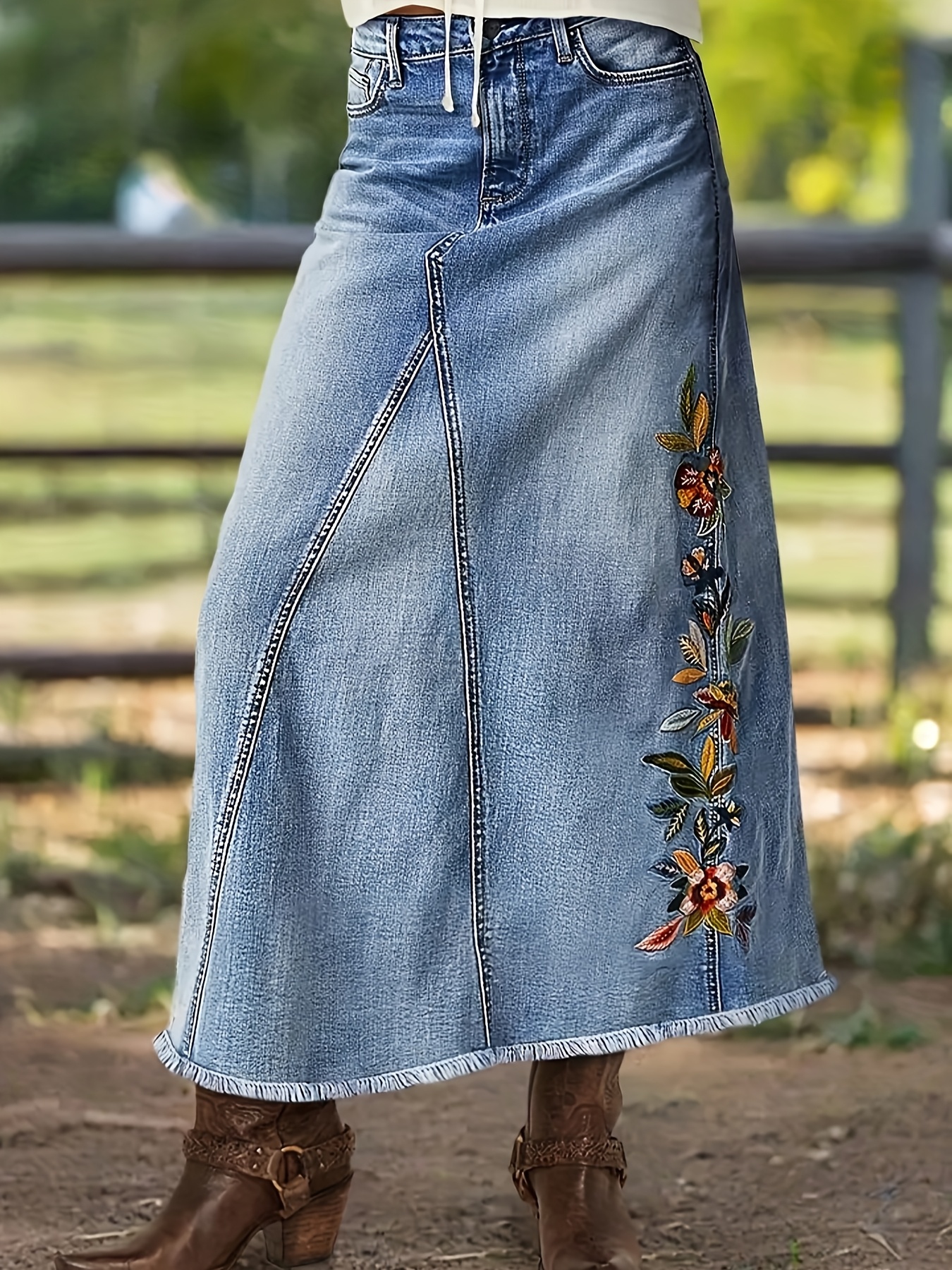 long blue jean skirts sold on Temu United States