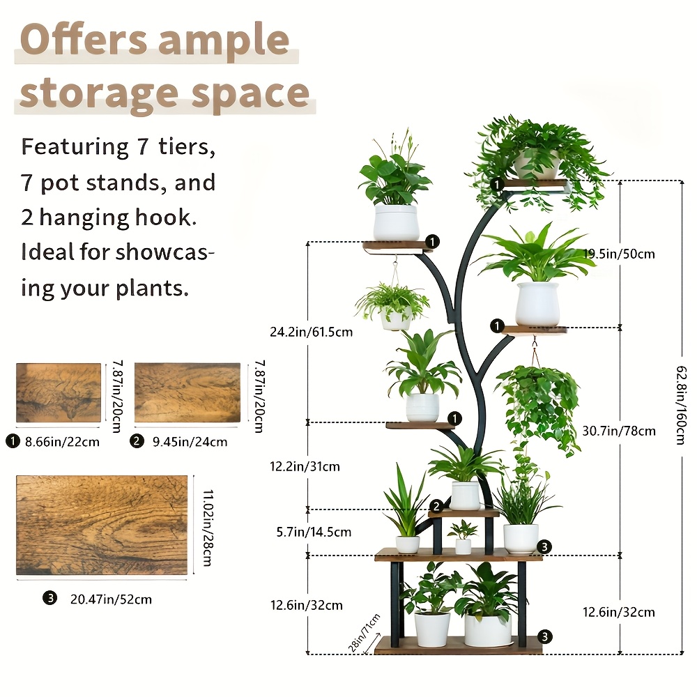 [Multi-Functional Plant Stand] 8 Tier 60'' Multi-Functional Metal Plant Stand With Grow Lights | 1pc Indoor Display Stand For Multiple Plants, Irregular Shape Planter For Patio, Living Room, Study, Bedroom - Good Gift For Plant Lovers
