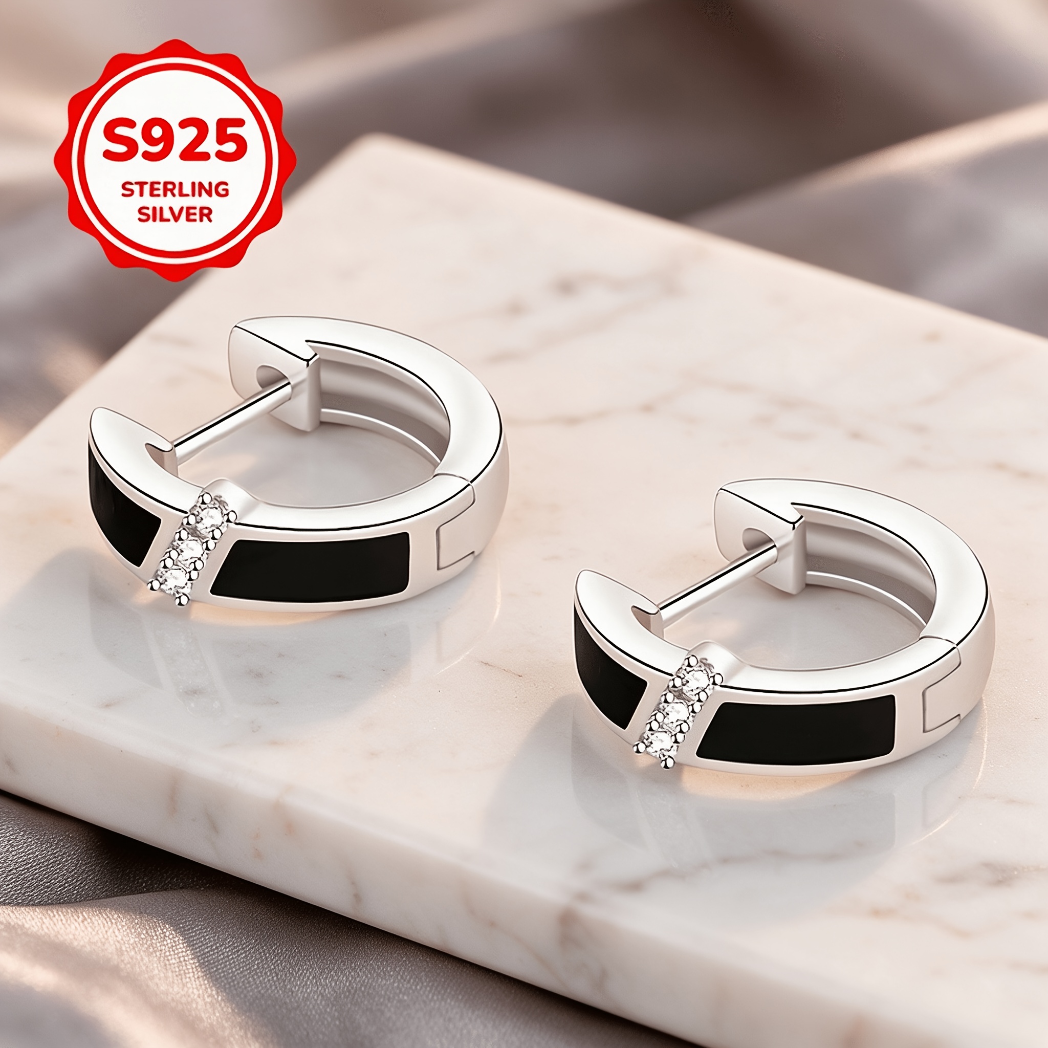 Women's Stylish Black Enamel Stud Earrings, 925 Silver