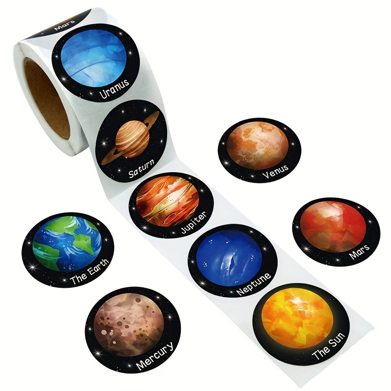 

500 Count Solar System Planet Stickers Roll, 8 Assorted Designs Glossy Round Paper Seals - Single Use, Decorative Adhesive Labels For Scrapbooking, Classroom Rewards, Party Favors