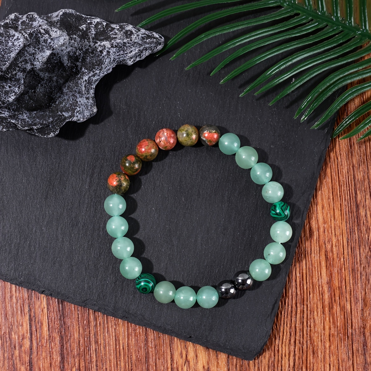Peacock Green Flower Agate Bracelet, Natural Crystal Beaded