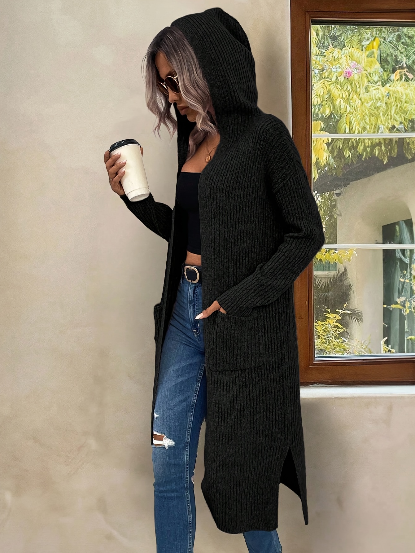 Long Cardigan Mit Kapuze Damen Kapuze Weiche Strickjacke