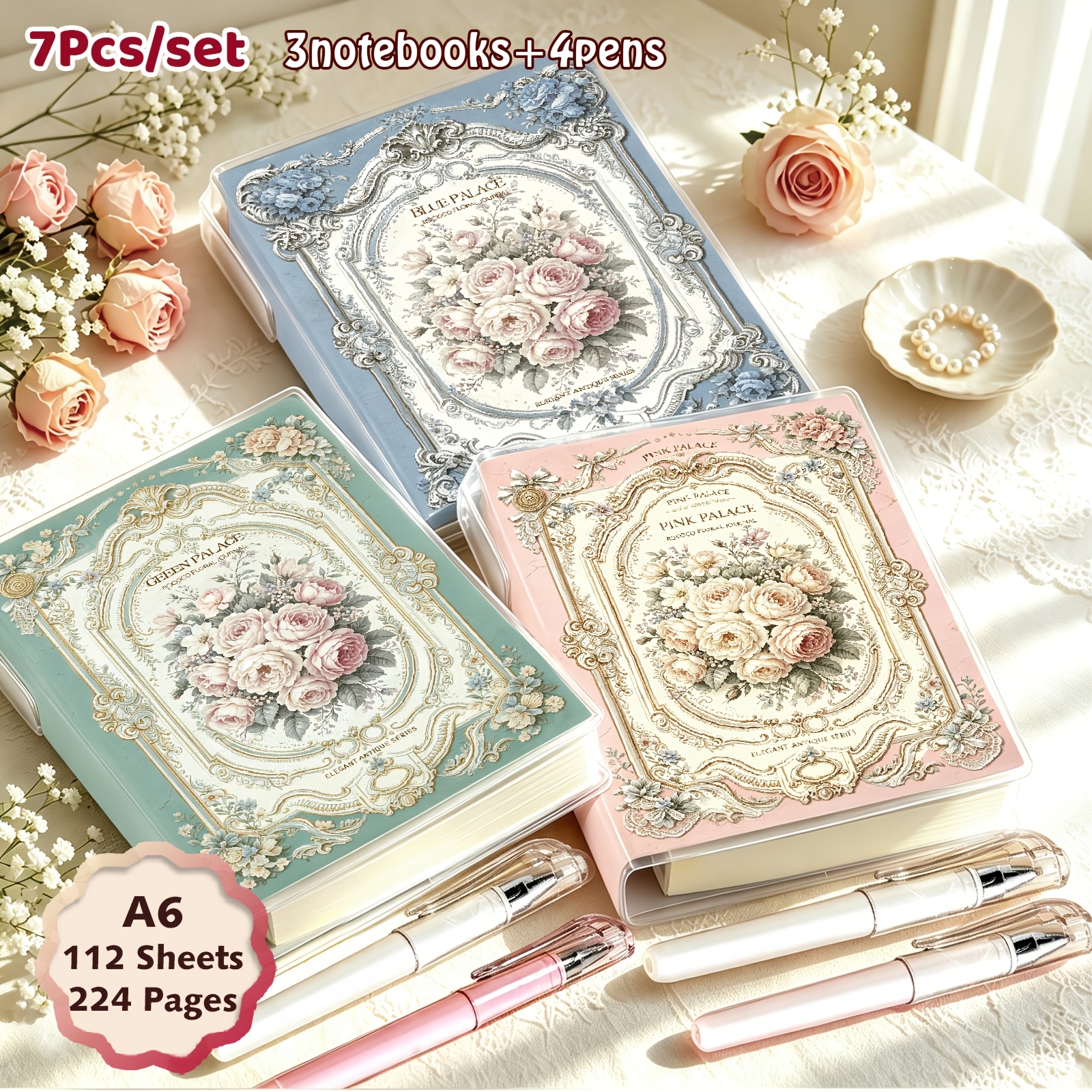 TEMU 3pcs/set, 7pcs/set, 224 Pages, Rose Notebook - Pen Included, Portable Notebook, Lined Notebook, Office, School, Study Essential, Back-to-school