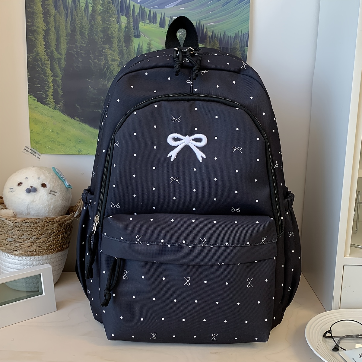 TEMU Schoolbag Junior High School Girls Girly Aesthetic Polka Dot Bowknot Versatile High-beauty Female Student Backpack High School, For Teenager
