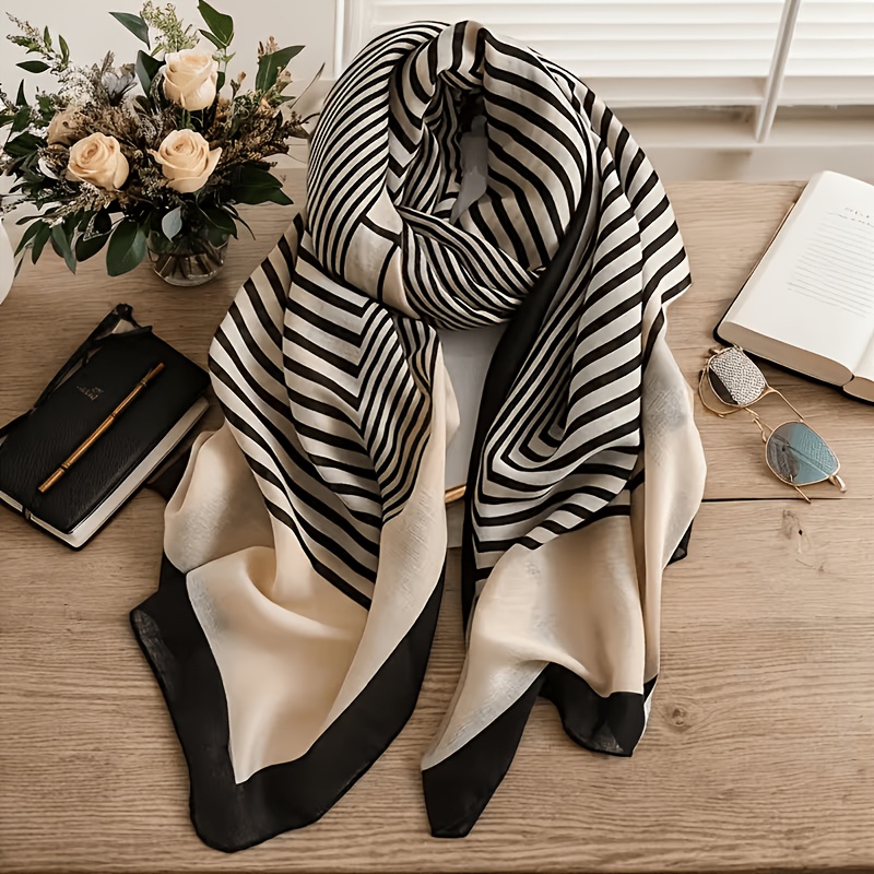 100% Mulberry Silk Bohemian Style Black And Beige Striped Scarf, Suitable for Outings, Decorative Apparel|Bohemian Style|Multifunctional Fashion