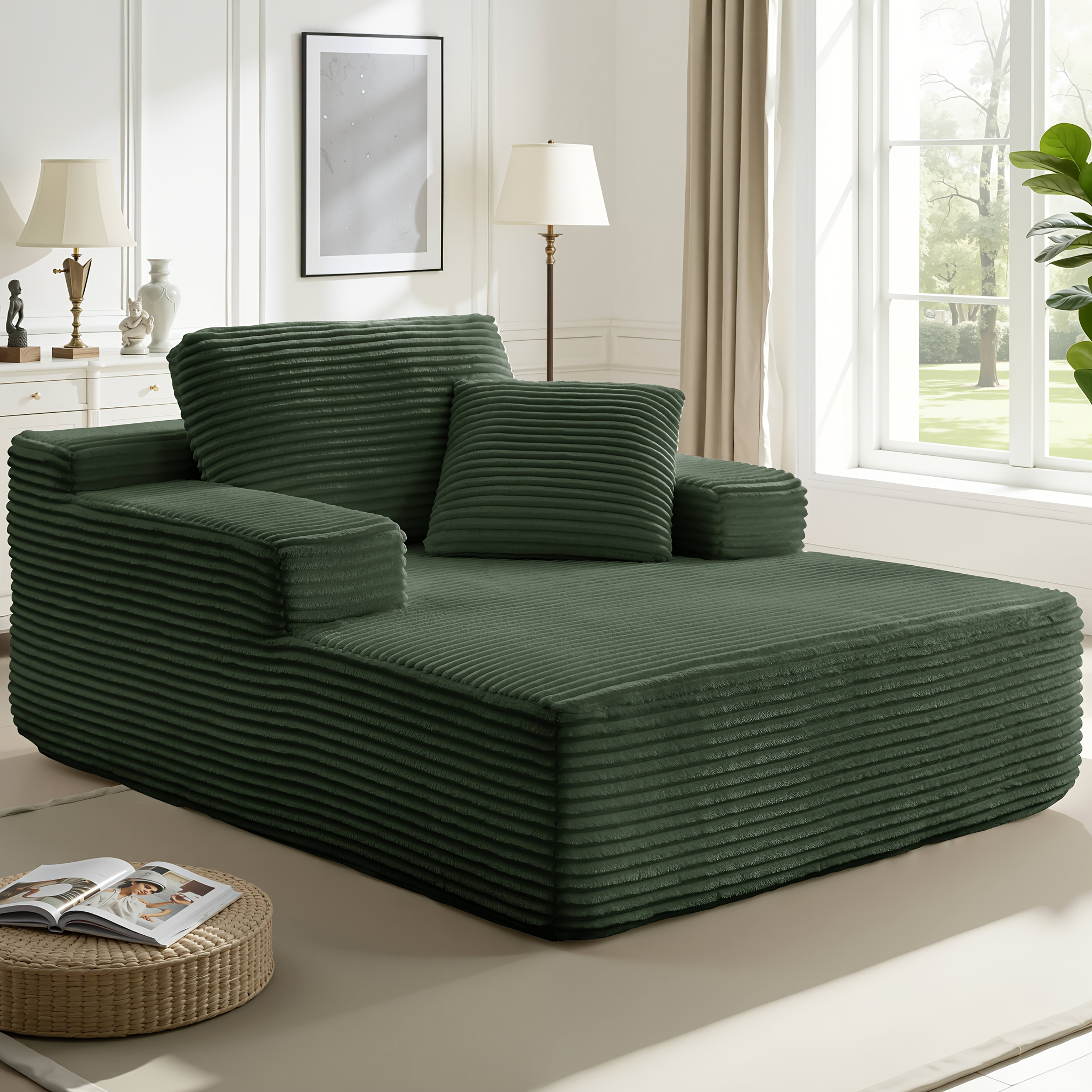 51-inch Oversized Boneless Lounge Chaise Recliner - Corduroy Sofa with Pillows and Armrests | Deep-Seat with High-Density Foam Cushion | U-Shaped Folding Sofa Bed for Living Room, Apartment, Bedroom | No Assembly Required | Available in Beige