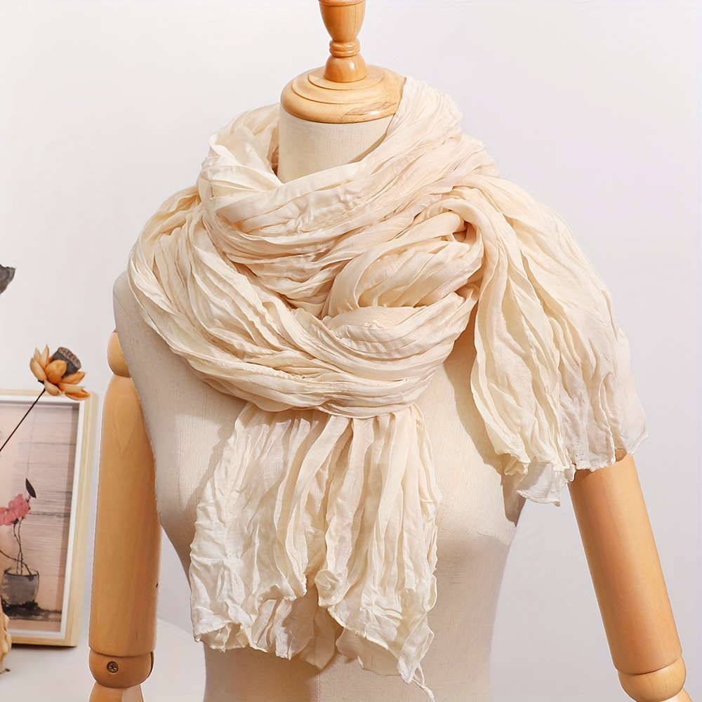 TEMU Pañuelo estilo francés vintage de color liso con pliegues arrugados - Pañuelo chal plisado para el cuello, pañuelo chal versátil de color liso