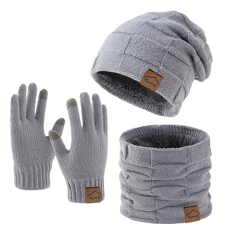 TEMU Affordable Set Winter Warm Knit Hat Neck Scarf Gloves 3pcs Set, Trendy Logo Letter Hat Neck Scarf Gloves Mixed Set, Fashionable All-match Winter