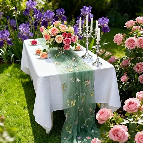 embroidered floral table runner suitable for weddings elegant sheer table decor with embroidery fabric length for chair back veil or party decoration multi use decorative table runner for