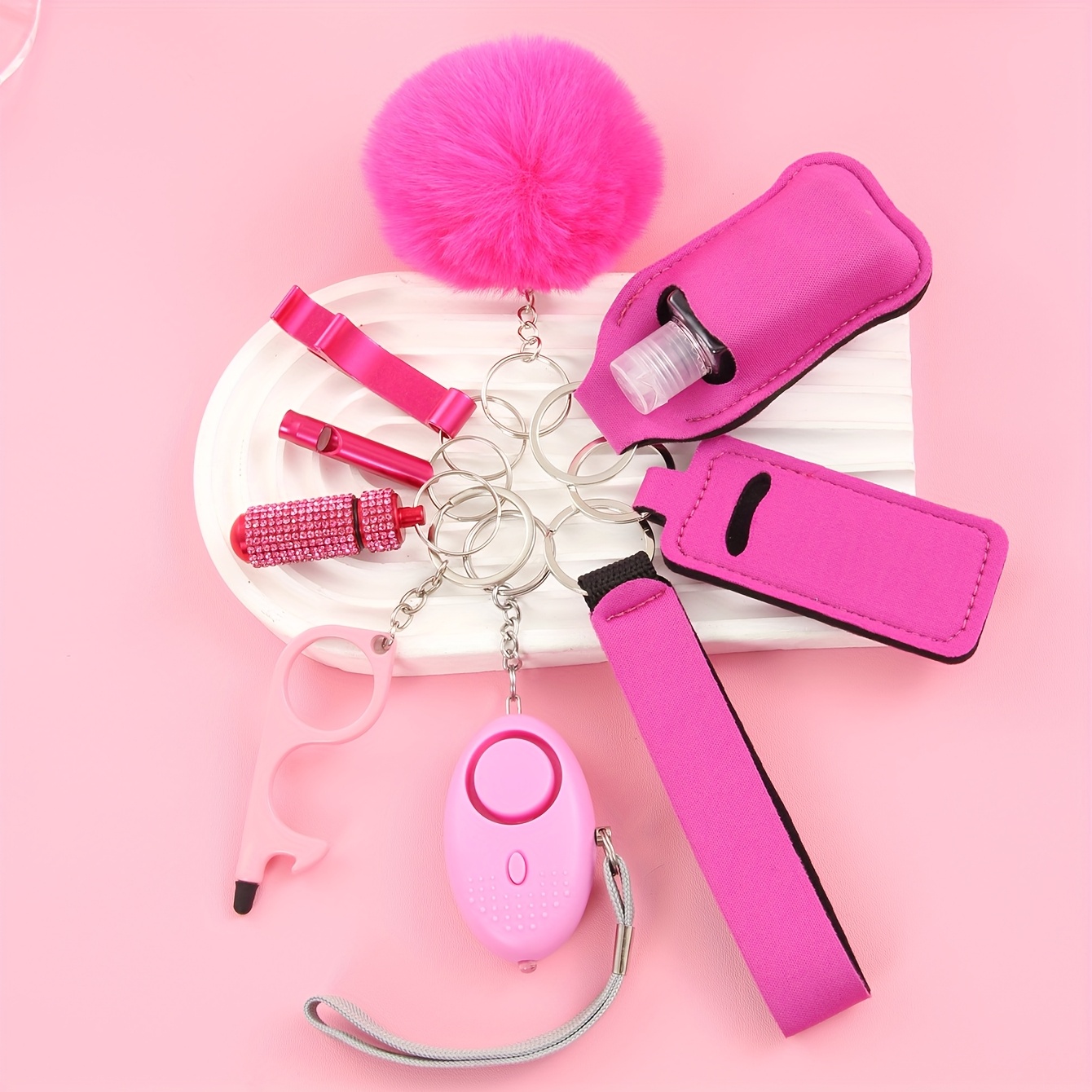 unisex safety keychain set gift box set with 9 cute keychains for ladies including pom poms personal alarms bottle openers   shiny first aid kits and survival whistles for daily use and holiday gift  