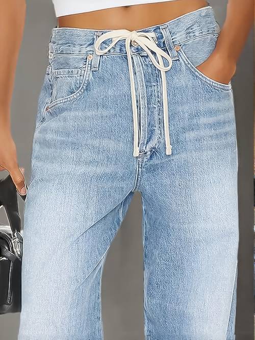 ladies wide leg waist casual drawstring hollowed out jeans with pockets