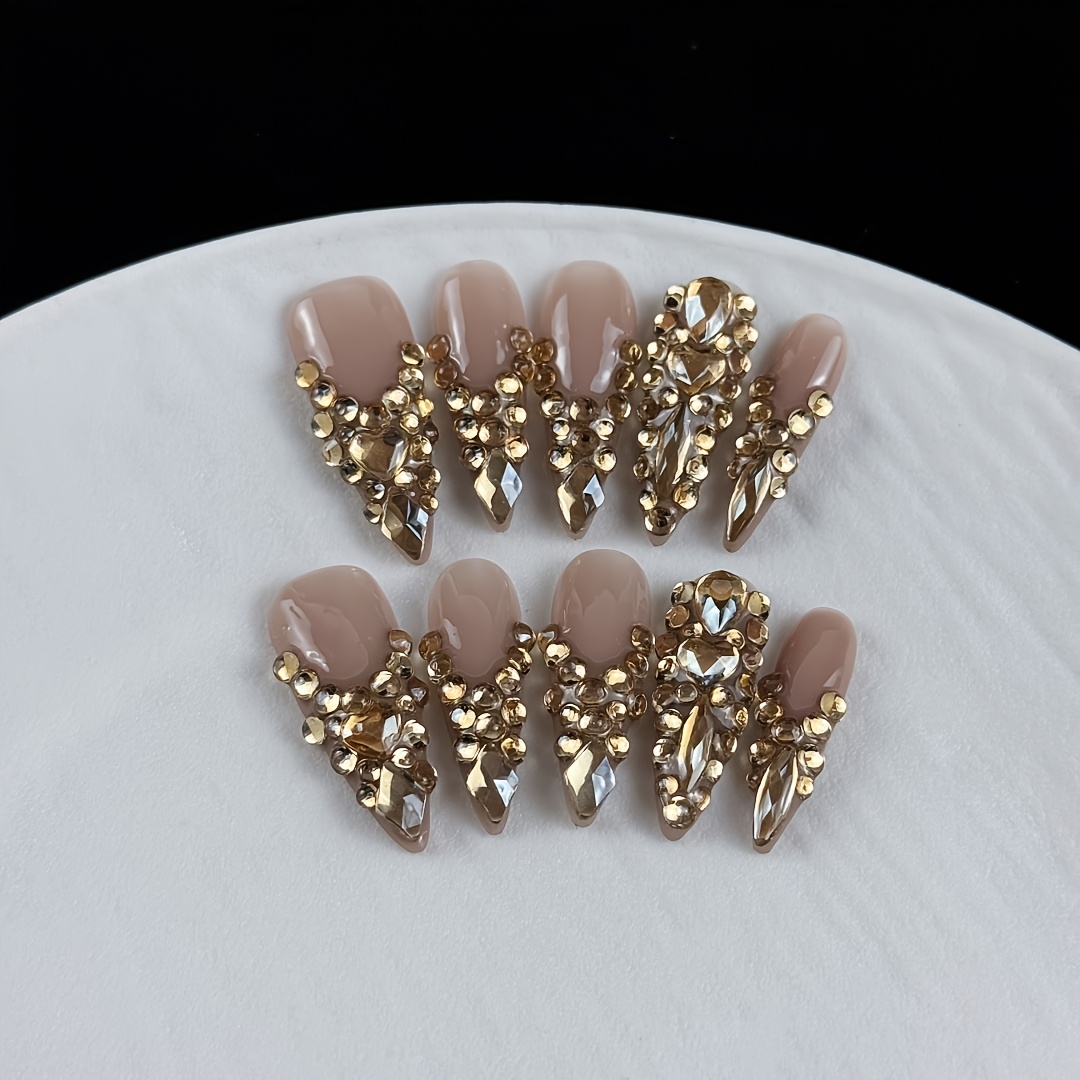 TEMU Lot de 10 faux ongles de style luxueux haut de gamme, peints à avec paillettes de cœur tridimensionnelles, éblouissants avec de nombreuses