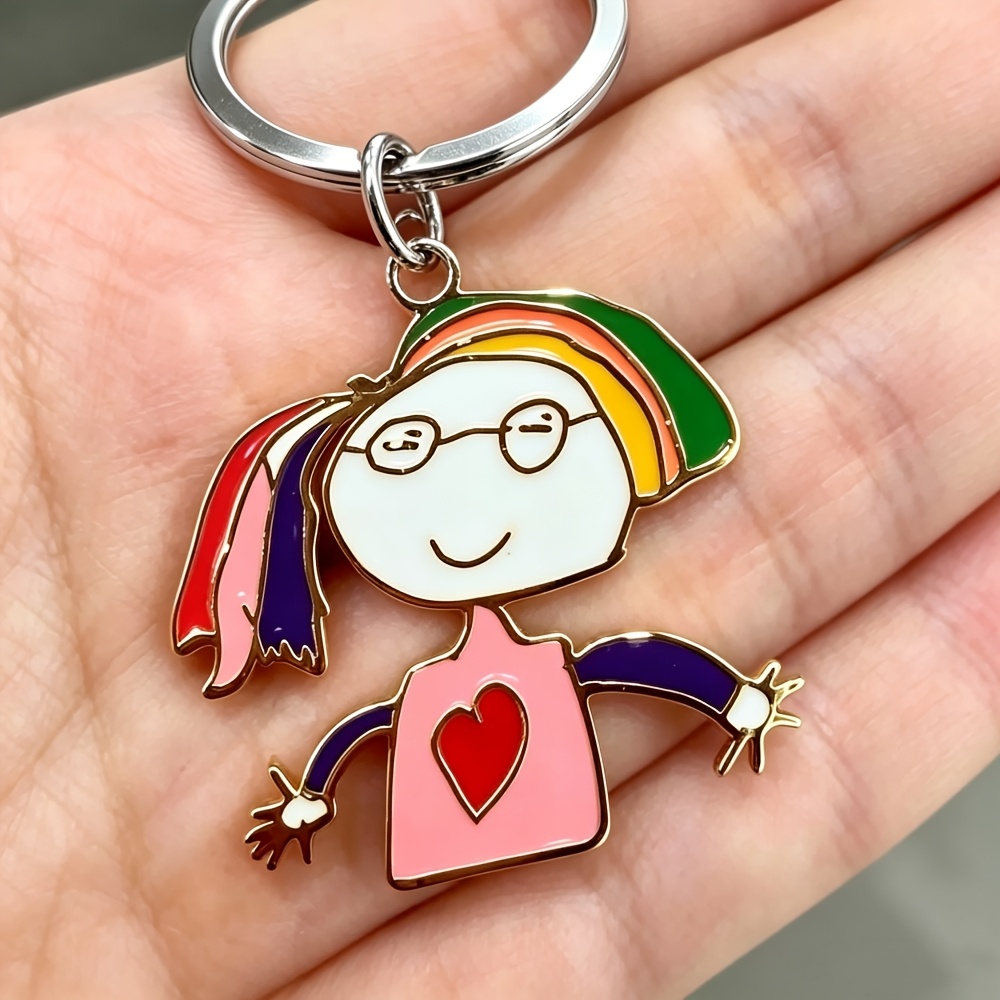 TEMU Custom Colorful Cute Painting Keychain, Personalized Cartoon Chain, Sketch Doodle Pendant Key Chain, Stainless Steel Commemorative Gift,