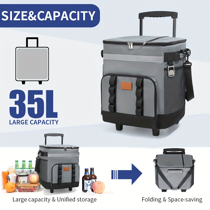 35L Large Insulated Cooler Bag with Pull Rod, Durable Polyester