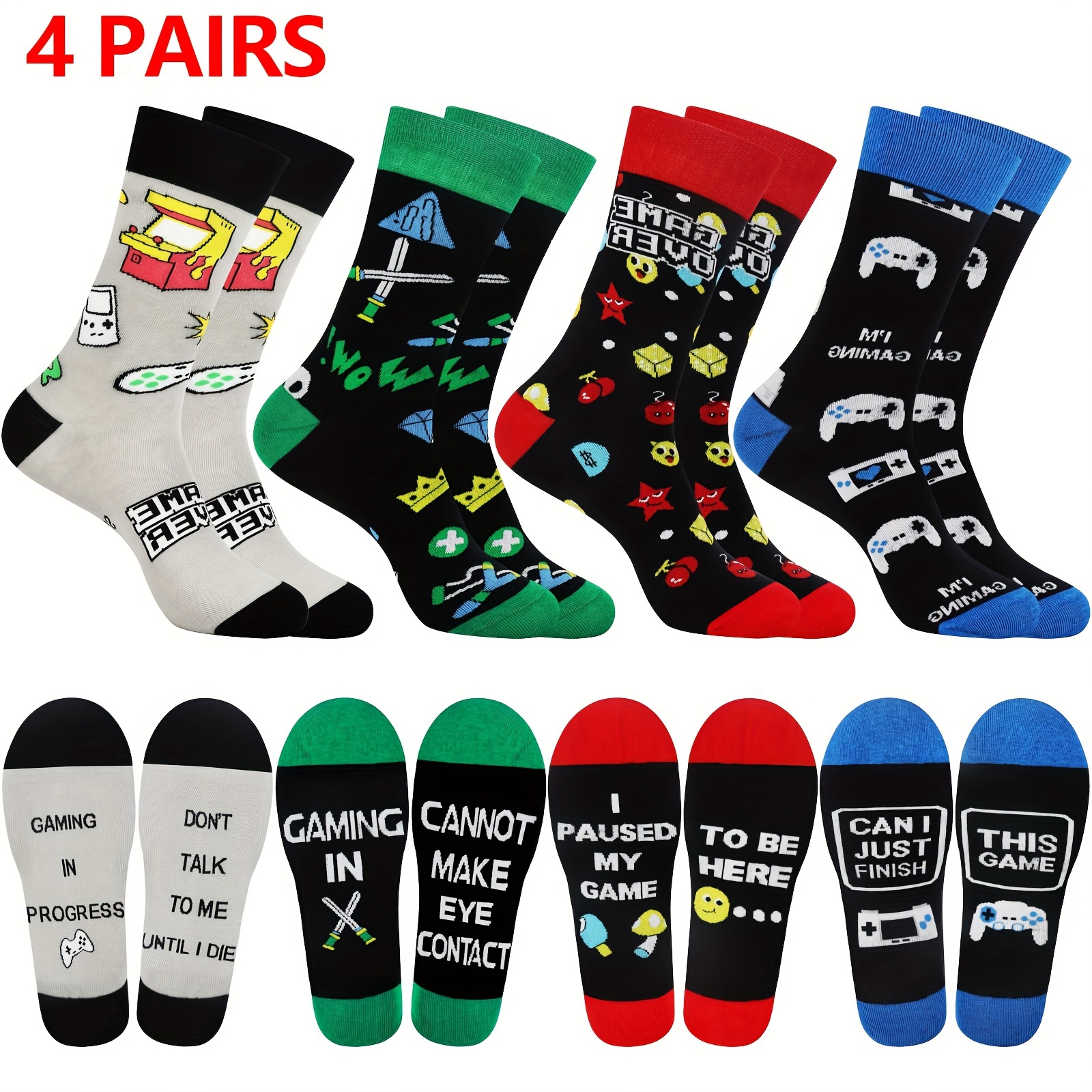 

4 Pairs Unisex Gamer Funny Crew Socks For Men Fun Crazy Funky Gamer Gifts For Birthday Son Dad Husband