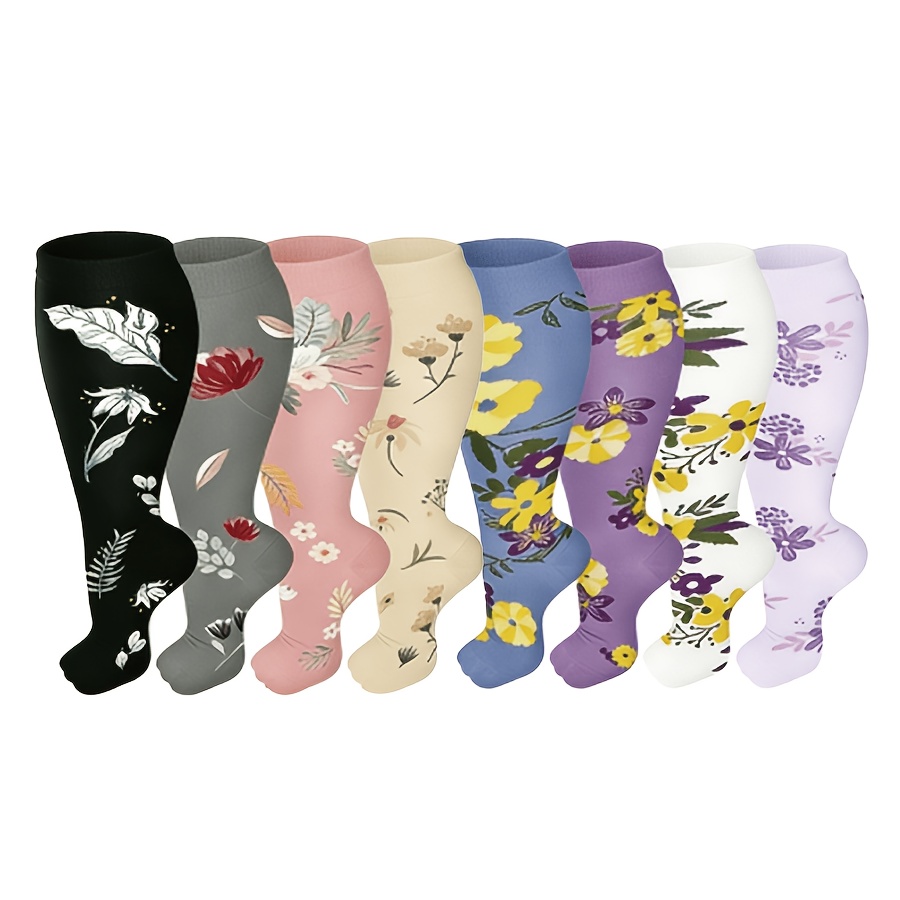 TEMU 8 Pairs Of Wide-fit And Plus Size Compression Socks For Men And Women 20-30 Mmhg High-calf Compression Socks For Travel, Running, Cycling,