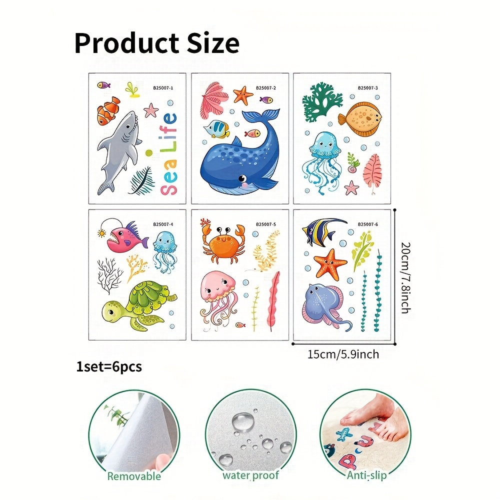 Image of 6pcs Set Of Bathtub Decorative Non-slip Stickers, Cartoon Whale Shark Jellyfish Pattern, Bathroom Pvc Frosted Bathtub Appliques