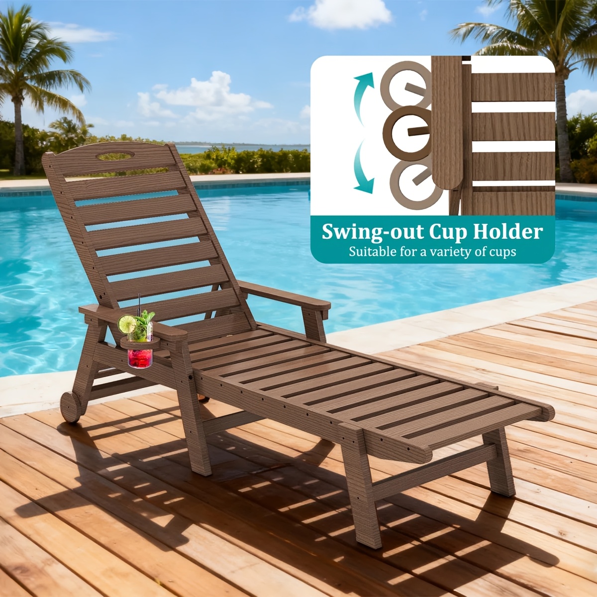 2pcs HDPE Wood Grain Outdoor Chaise Lounge Chairs, 78