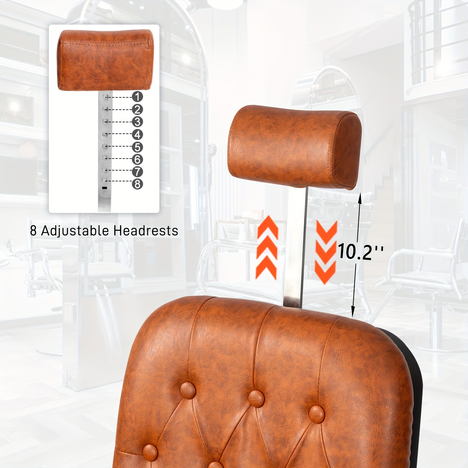 heavy duty vintage recline barber chair hydraulic with headrest supports up to 700lbs 360 rotatable professional   spa shampoo equipment square twill backrest brown Product details 0