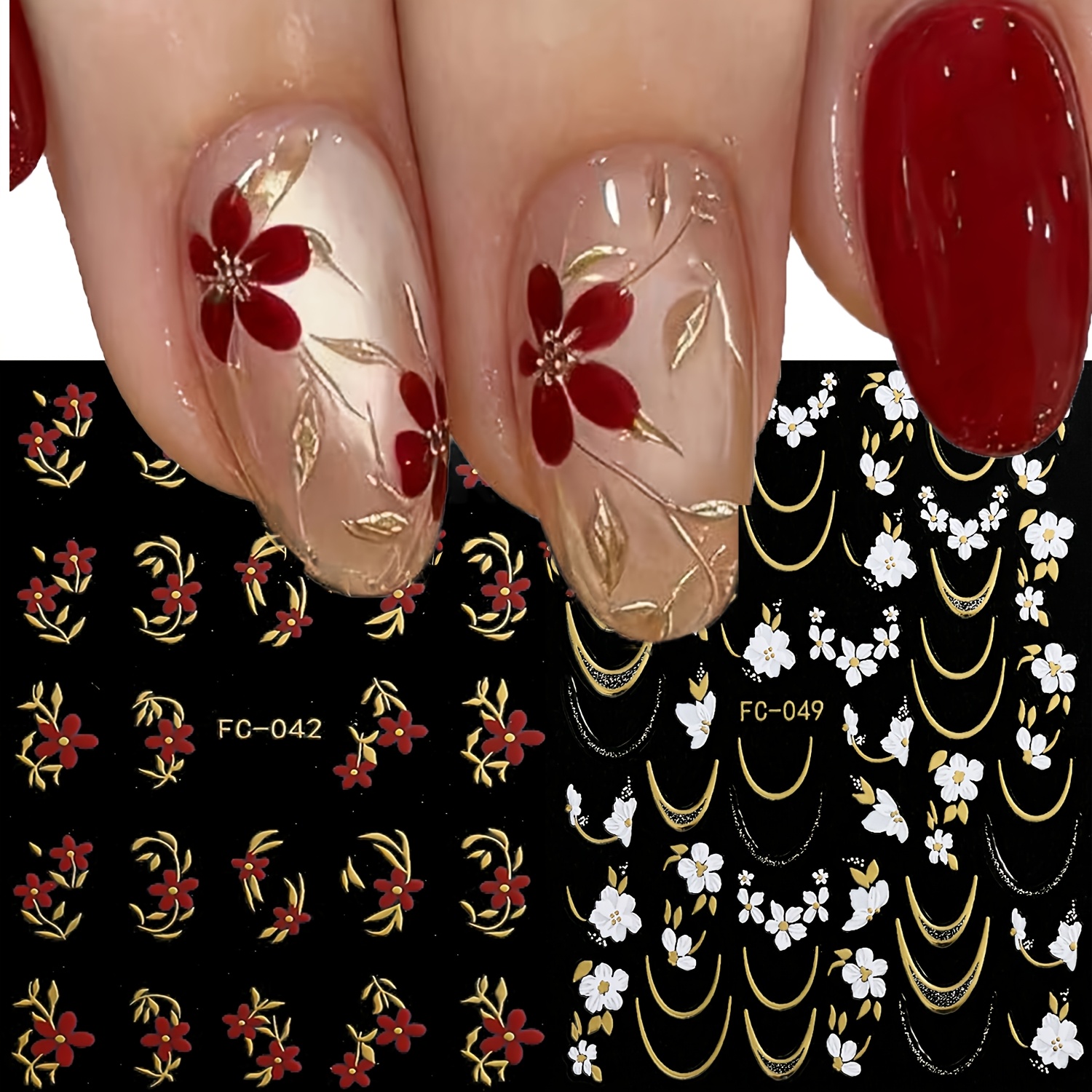 TEMU 2 Sheets Of White And Red Floral Nail Stickers, Decorated With Flower And Golden Vine Patterns, Suitable For Professional Nail Salons And