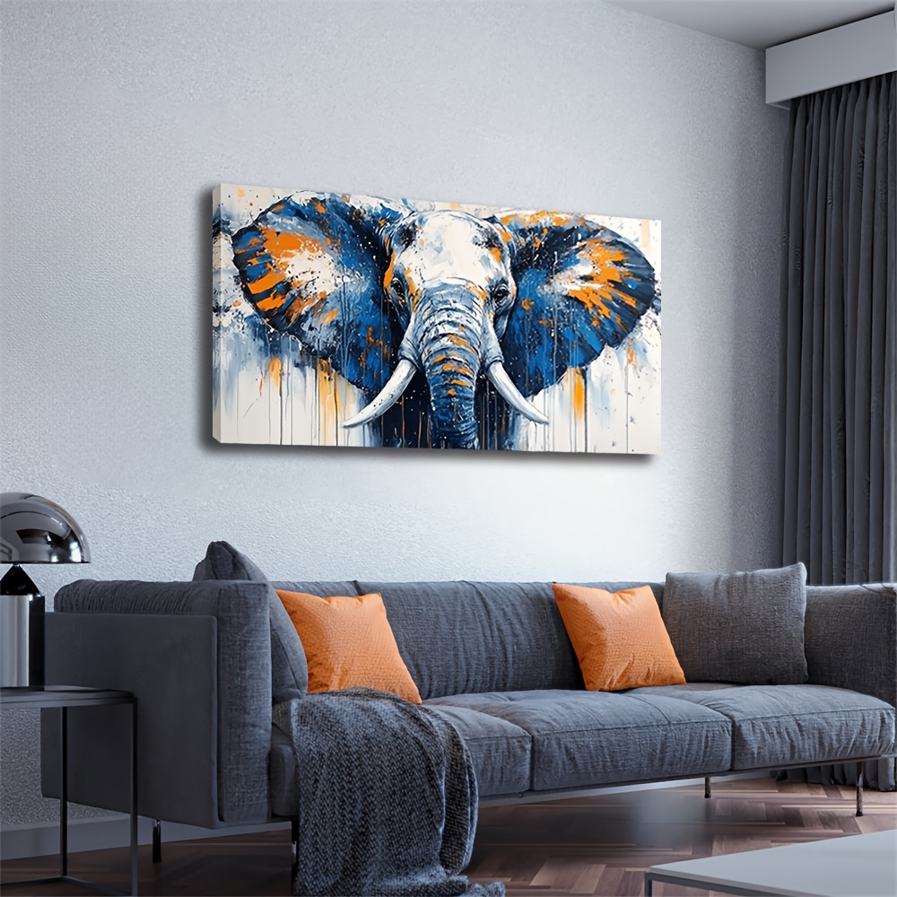 TEMU Elephant Oil Painting, Large 20x40 Inches (50x100cm), Art Deco Modern Minimalist Style, Animal Theme Canvas Art Print, Pine & Teak Wood Frame,