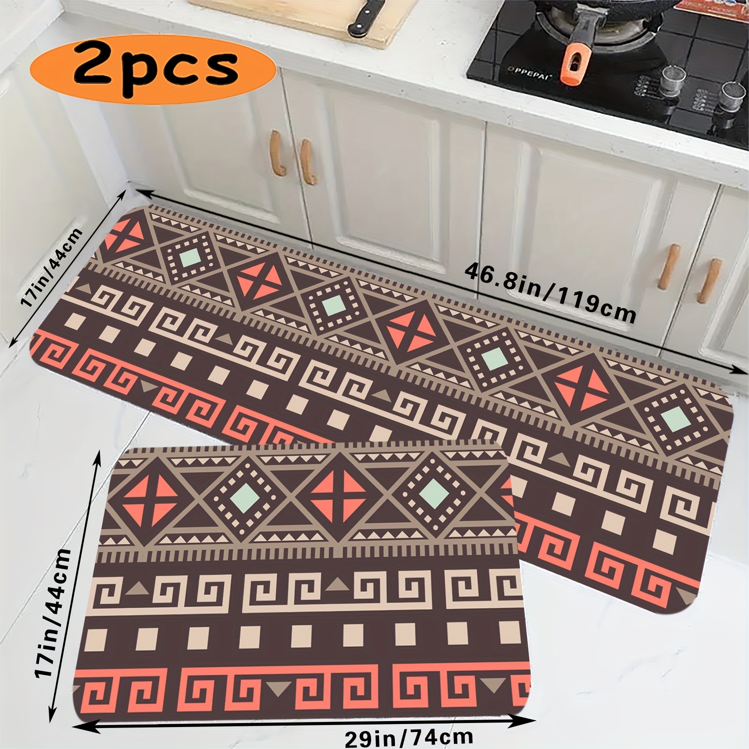 

2pcs Boho Geometric Print Kitchen Runner Rugs, Comfortable Cushioned Foot Pads, Bathroom Non Slip Floor Mat Set, Bathroom Accessories, Home Decor, Room Decor