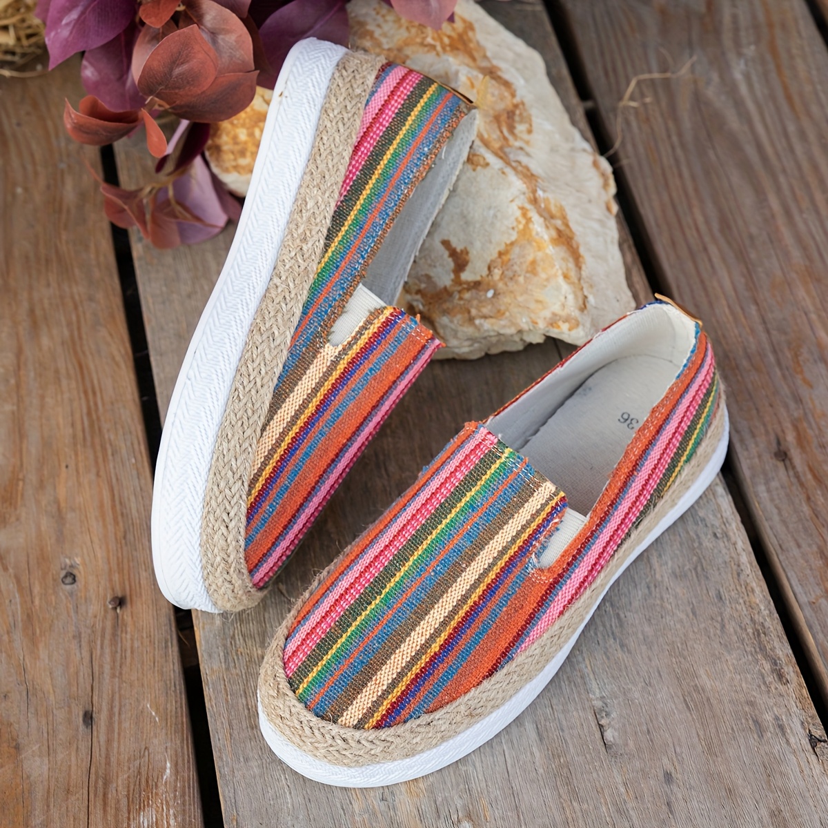 Image of Women's Colorful Striped Flats, Country Style Women's Shoes With Straw Design, Women Shoes