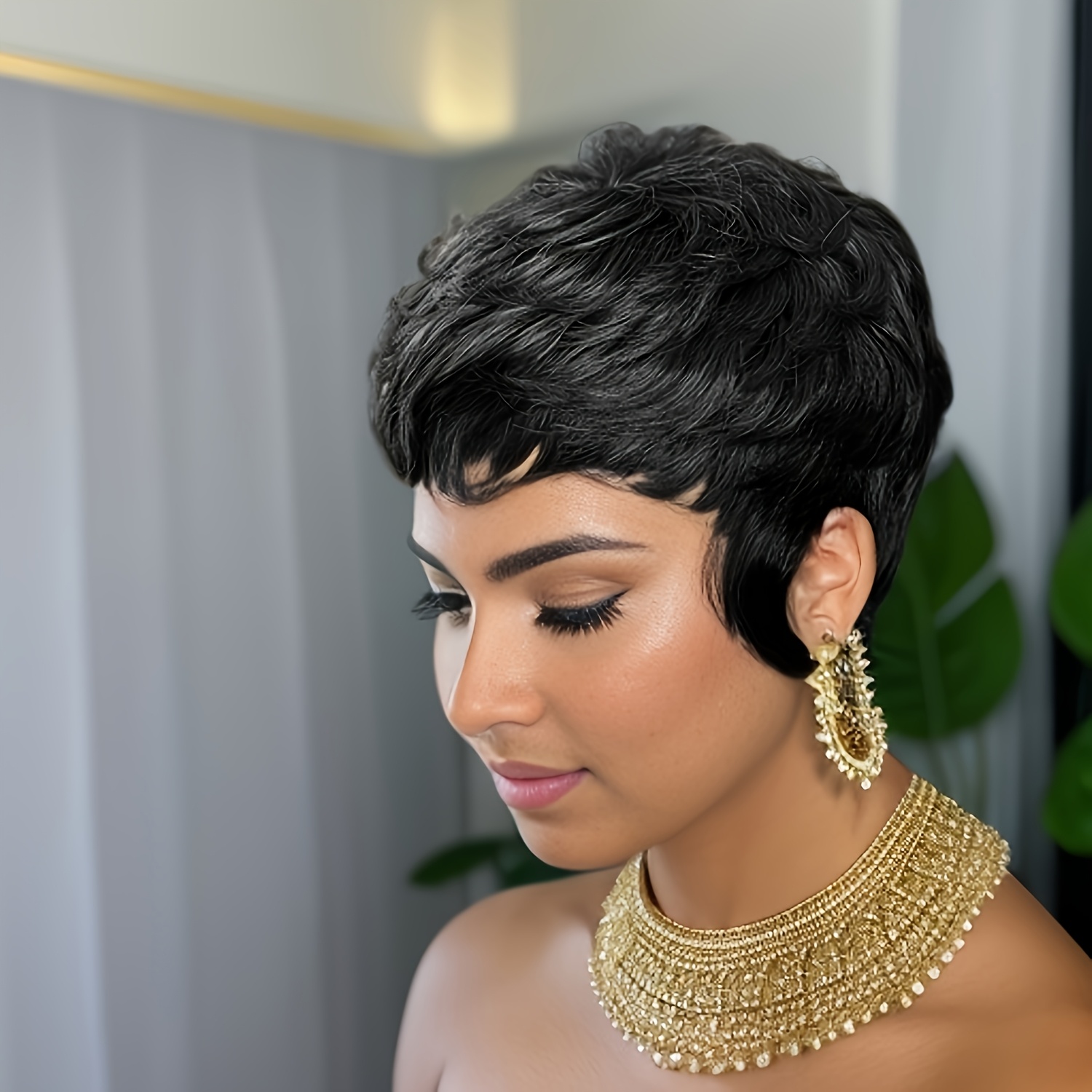 TEMU Real Human Hair Cut Wig Glueless With Bangs - Brazilian Black Short Wigs For, Layered Haircut, Machine-made Full Wig (no Glue Needed) 1b Color Suitable For African Women