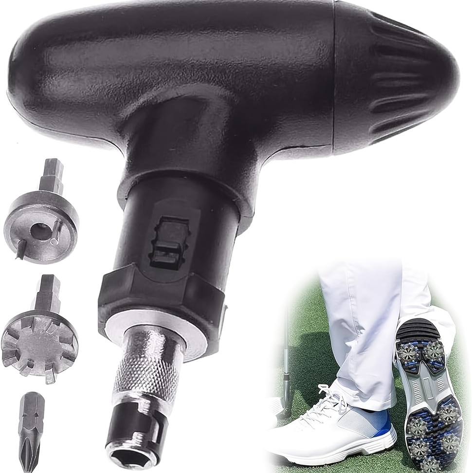 Image of Stainless Steel Golf Spike Wrench Designed For Removing Spikes, Featuring A Plastic Handle And Ratchet Mechanism, Ideal For Golf Shoe Maintenance