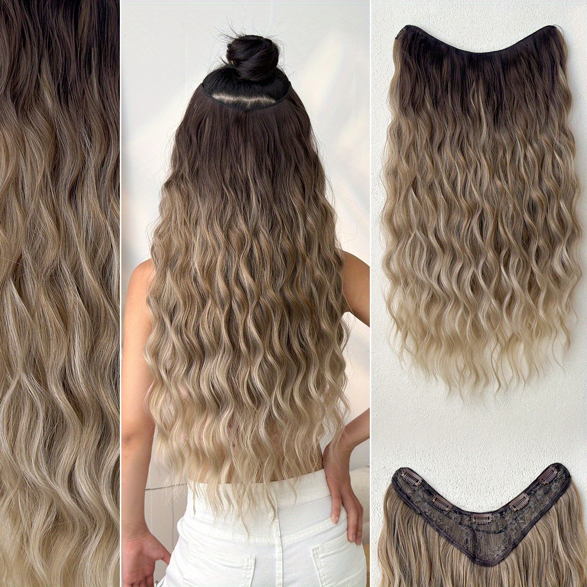 clip in hair extensions v shaped ombre   24 inch long water wave wavy heat resistant fiber synthetic hairpiece for women girls   use details 1