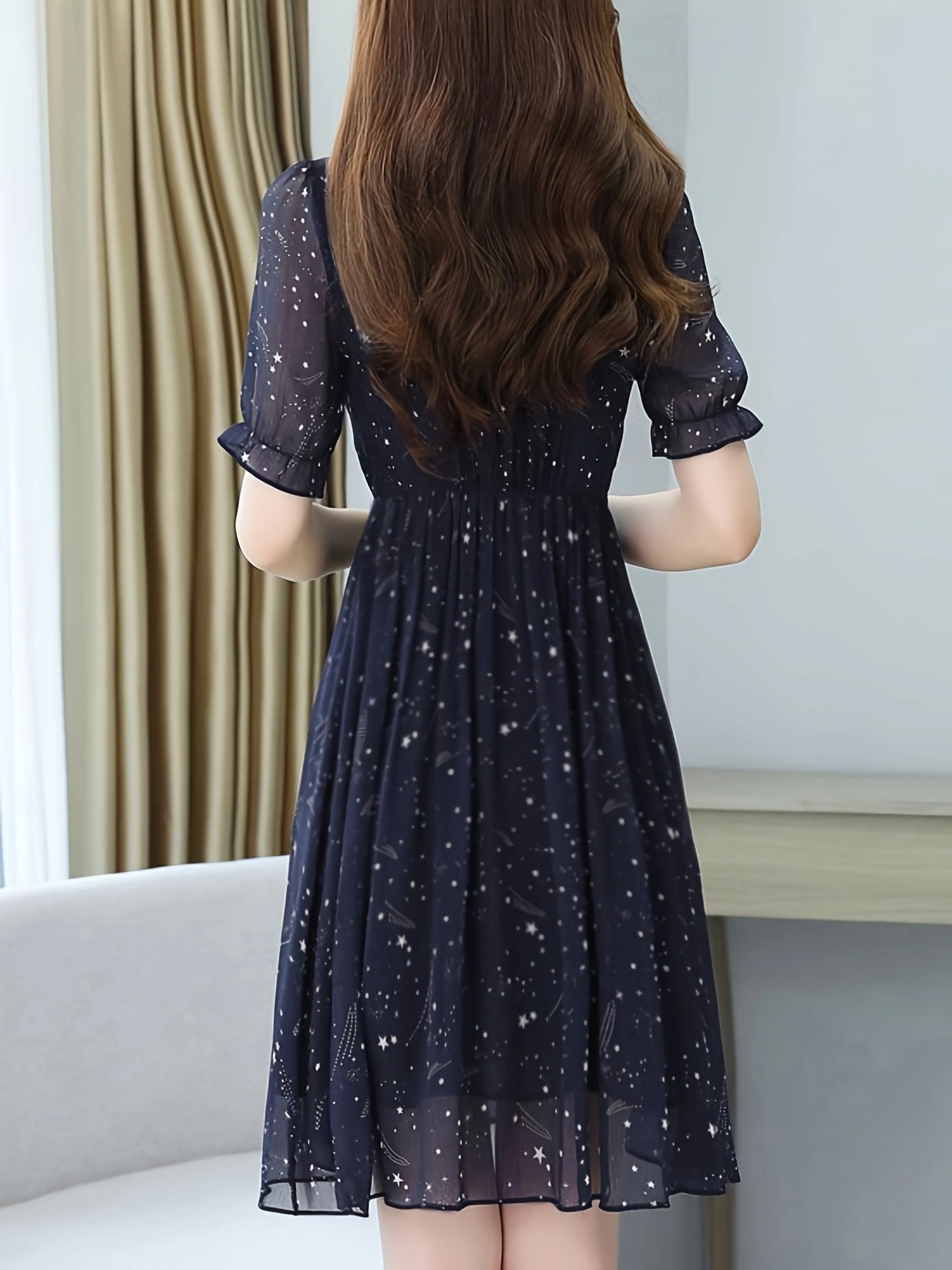 womens navy blue starry sky printed fungus edge neck chiffon - Temu  Mauritius