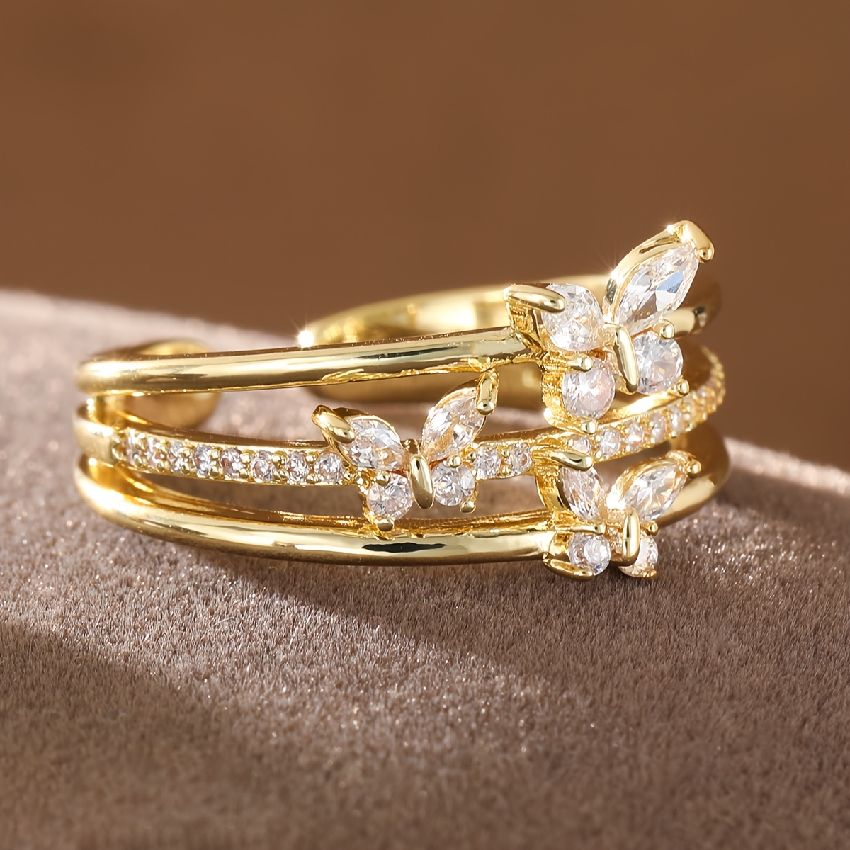 Women's Vintage Open-End Ring with Three Butterflies and Synthetic Zirconia