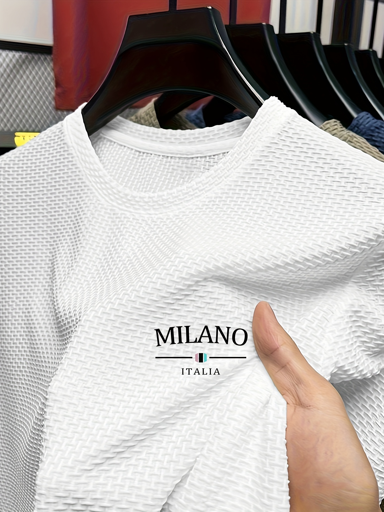 Men's Milan Print Short Sleeve Crew Neck T-Shirt, Breathable Nylon Blend, Comfortable Casual Top for Summer Outdoor Activities & Tennis Training