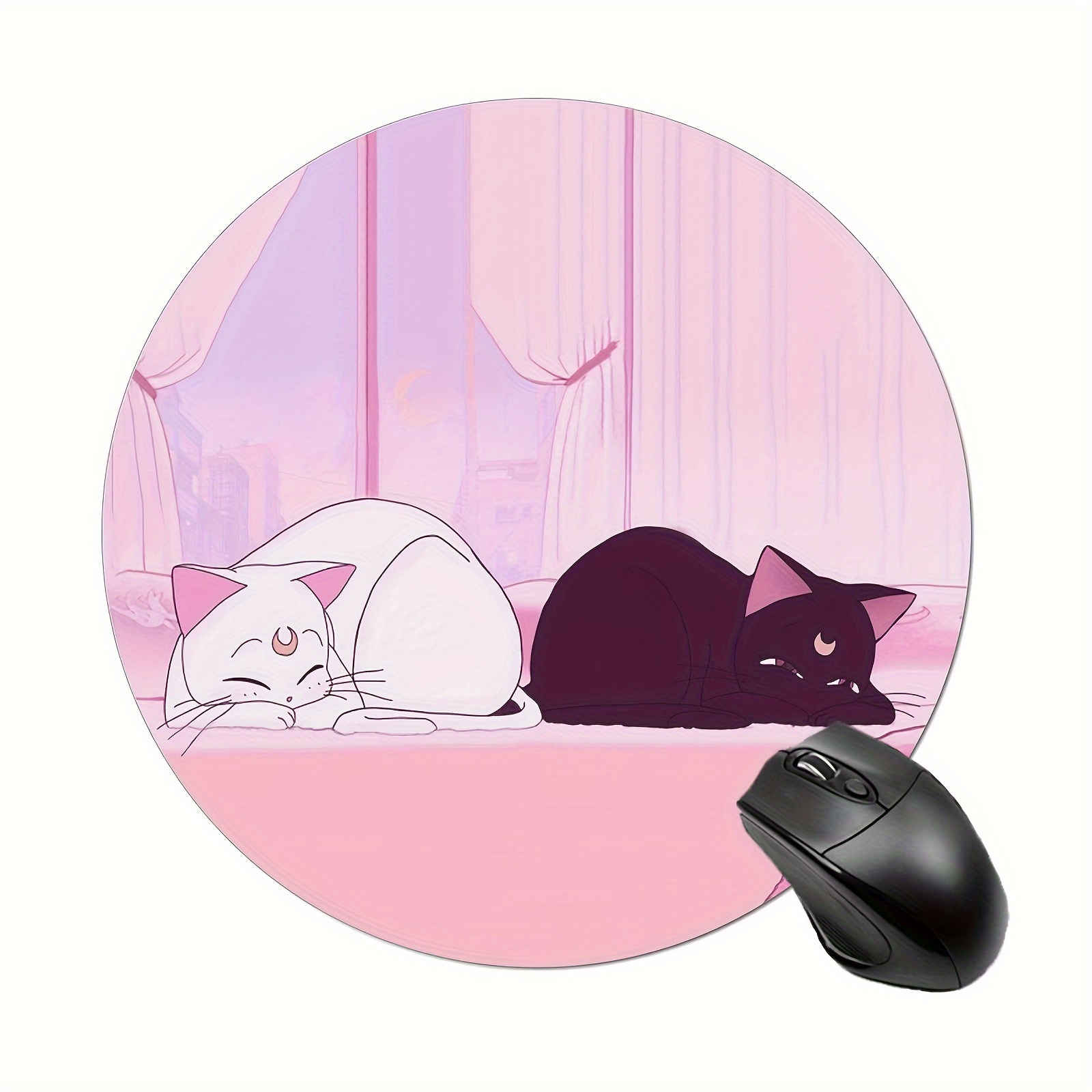 TEMU Thickened Round Mouse Pad Featuring A Pink Anime Design And Black Cat, Measuring 7.8 By 7.8 Inches And 3mm Thick. This Non-slip Rubber Mouse Pad