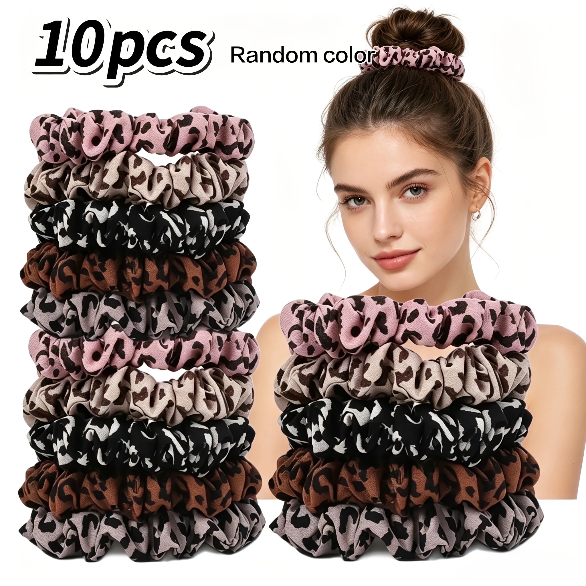 Image of 10pcs Random Color Leopard Print Small Ring Fabric Hair Tie Easy Temperament Hair Additions High Elastic Rubber Band Hair Rope
