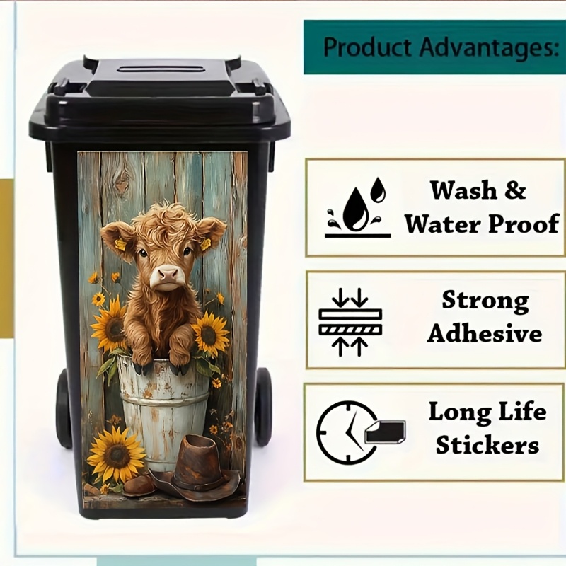 1pc 2d Flat Design, Wooden Background Sunflower Highland Cow Wall Sticker. Suitable For Wall Decoration In Living Rooms, Rooms, And Outdoor Trash Cans. Size: 82 Cm X 37 Cm. Design