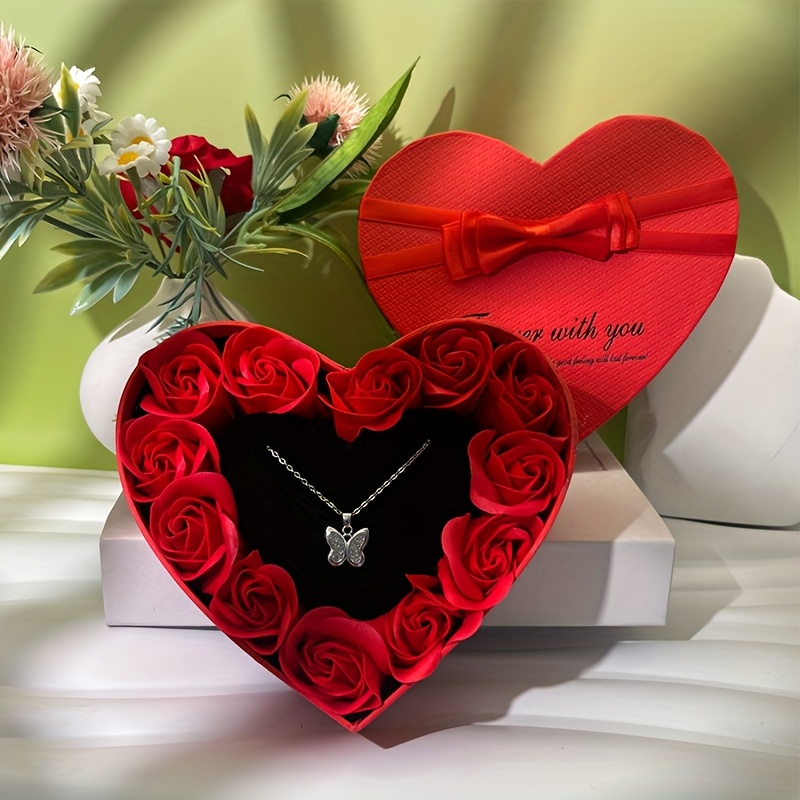 E-shop Rosen-Geschenkbox mit Rosen-Dekoration für Valentinstag Weihnachten mit transparentem Deckel, quadratische Geschenkbox für Halsketten, Ohrringe,