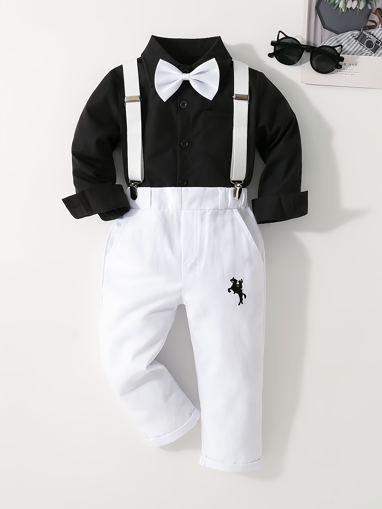 2PCS Boys Long Sleeve Gentleman Outfit Party Style Bowtie Shirt & Suspender Pants Boys Clothes For Speech Birthday Party
