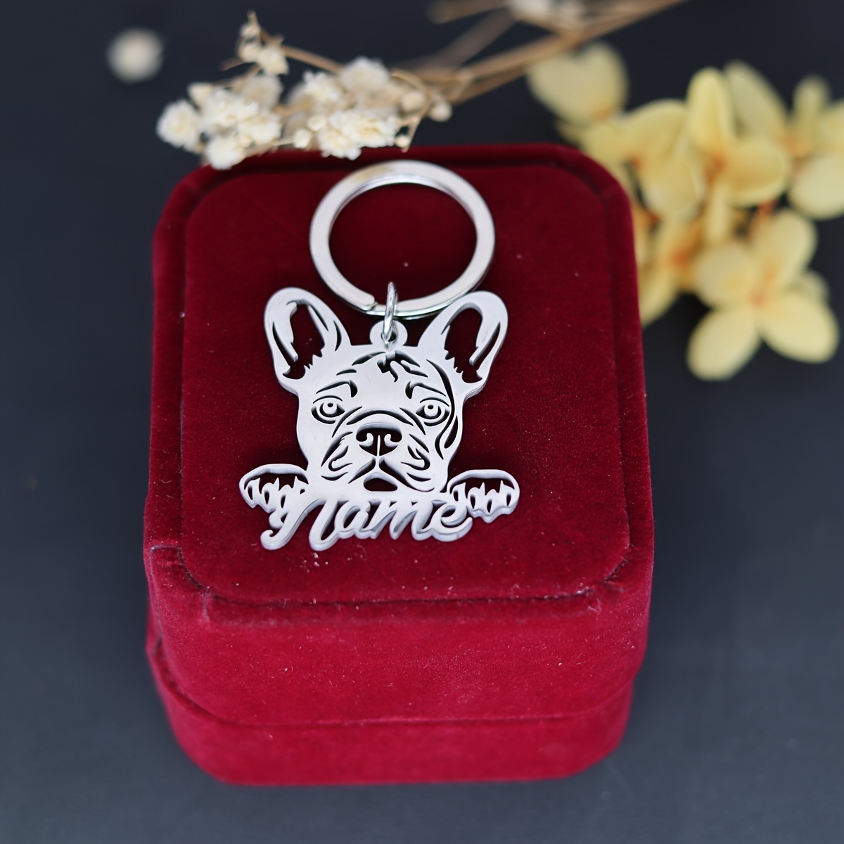TEMU Personalized French Bulldog Stainless Steel Keychain - Custom Name Engraved, Dog-shaped Design For Men, Ideal For Valentine's Day & Christmas Gifts