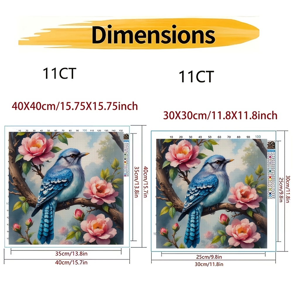 Frameless Cross-Stitch Print Kit, Blue Bird Perched on Flower Branch