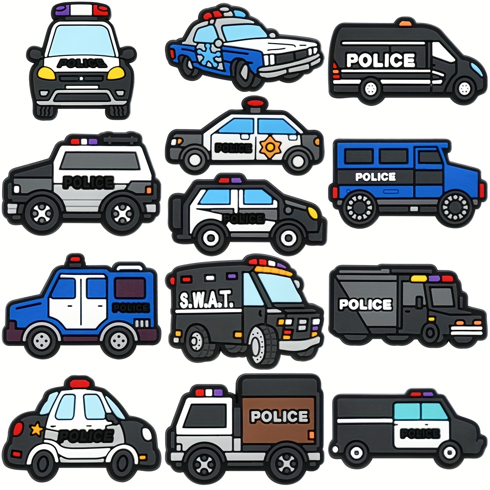 E-shop 13/30 Stück, weiche Kunststoff-Schuhcharms in Polizeiauto-Form, Schuhschmuck mit , Deko für Sandalen und Gartenschuhe, DIY-Zubehör als