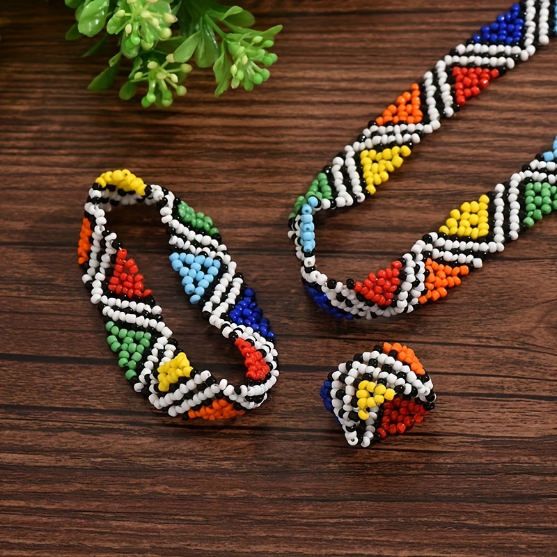 3pcs Bohemian Hand-Woven Bracelet Set, Necklace & Ring Gift
