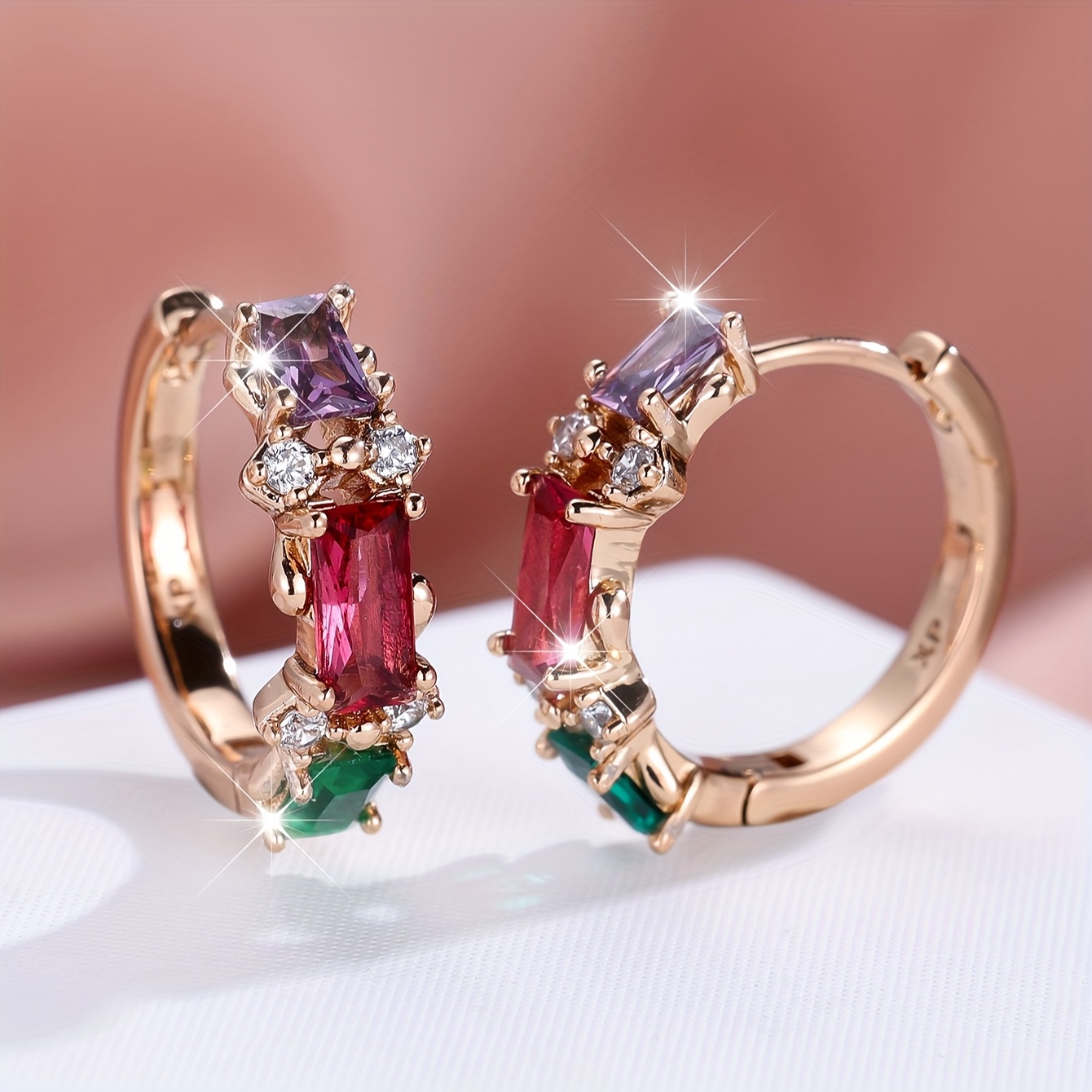 Luxury Copper Hoop Earrings with Multicolor Cubic Zirconia