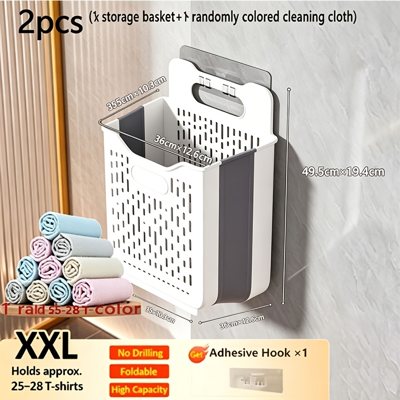 TEMU 2pcs (1pc Wall-mounted Laundry Basket And 1pc Random Color Cleaning Cloth), Large Capacity Foldable Storage Basket, No Drilling Installation,