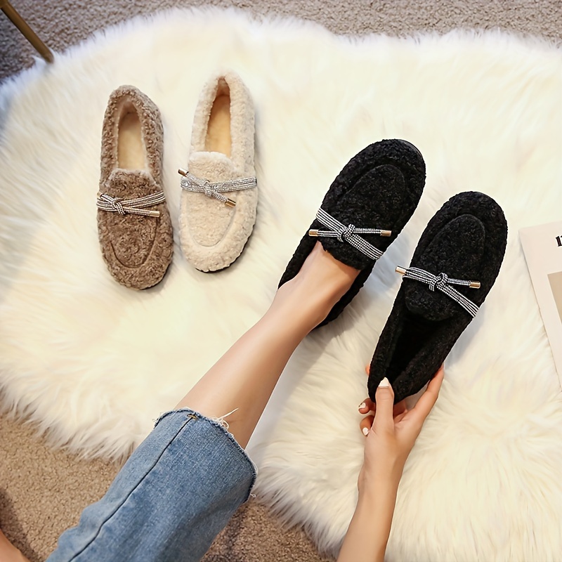 

Women's Elegant Winter Flat Shoes With Plush Lining, Warm Furry Shoes For Outdoor Wear