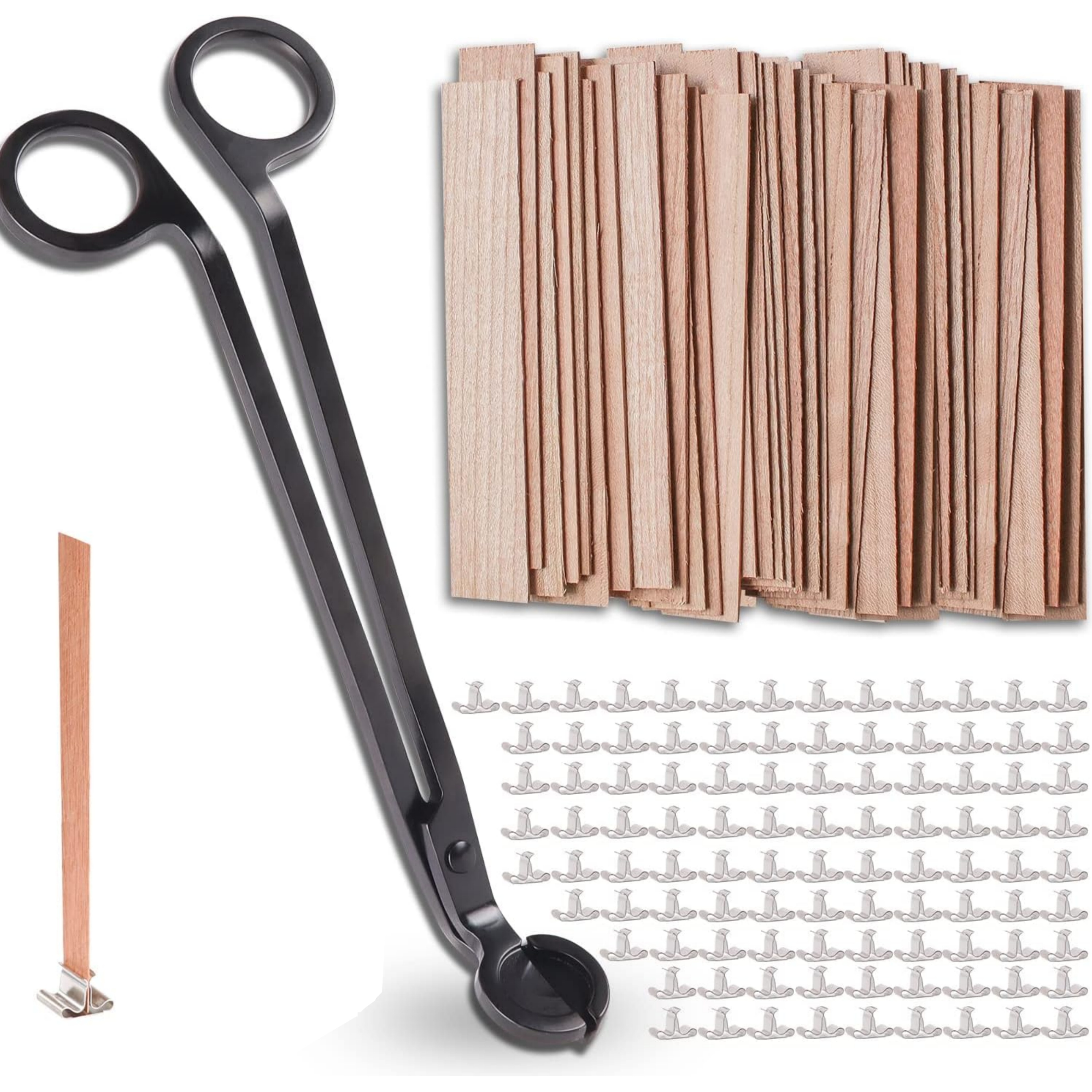 Image of Wooden Wick Set, 100 Wooden Wicks And 100 Metal Holders, 5.1 X 0.5 Inch Smokeless Natural Wood Wicks, Includes 1 Wick Trimmer, For Diy Candle Making, Total 201pcs
